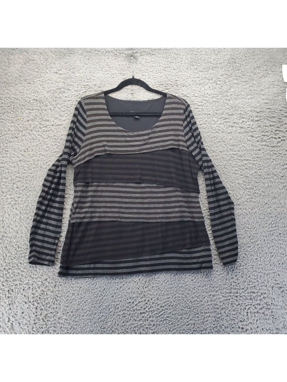 Tribal Top Womens XL Black Gray Striped Sheer Long Sleeve Scoop Neck Casual